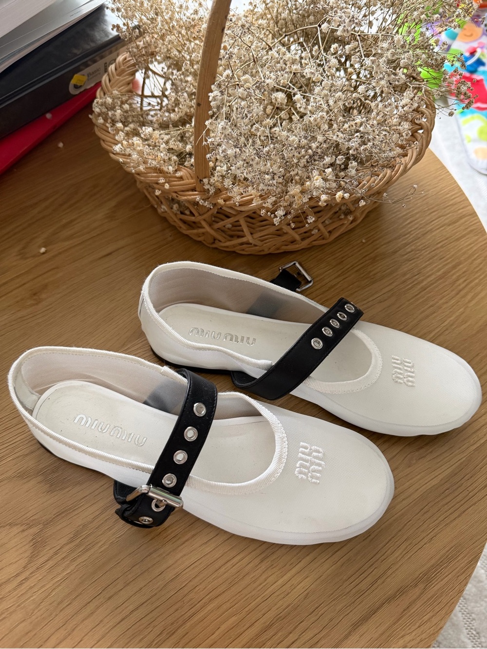 Miu Miu White Canvas Mary Jane Flats with Black Studded Strap 6-6.5 size